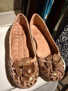 Joan Boyce Blush Pink Suede Ballet Flats with Studded Bow